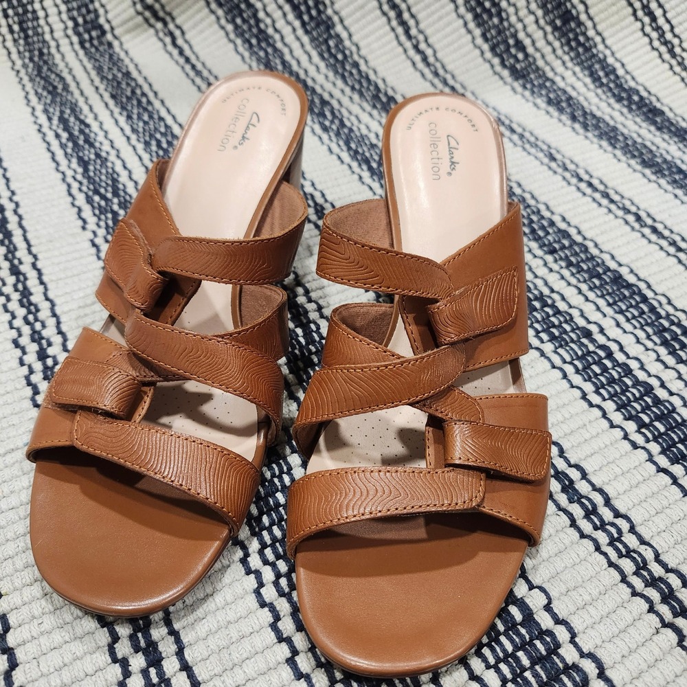 Clarks Collection Tan Leather Multi Strap Block Heel Slide Sandals Women 8.5 M - Picture 2 of 13